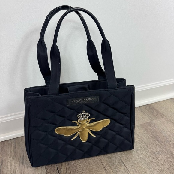 My Flat in London Quilted Purse Black & Gold Rhinestone Queen Bee Tote Bag MFIL - Picture 1 of 9